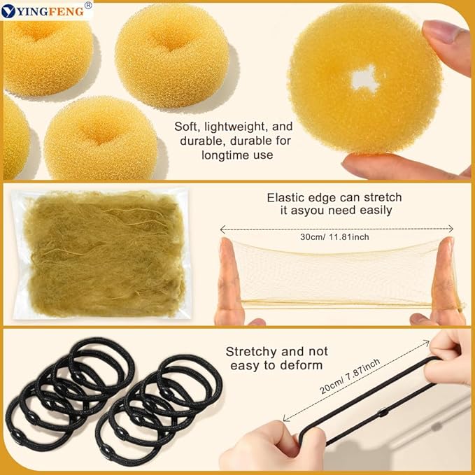 YINGFENG 134 Pcs Gold Hair Bun Maker Kit for Kids Small - 4 Hair Donuts for Buns, 20 Hair Nets for Buns, 100 U Shaped Bobby Pins, 10 Hair Bands, for Girls, Ballet Dance, Hair Accessories for Women