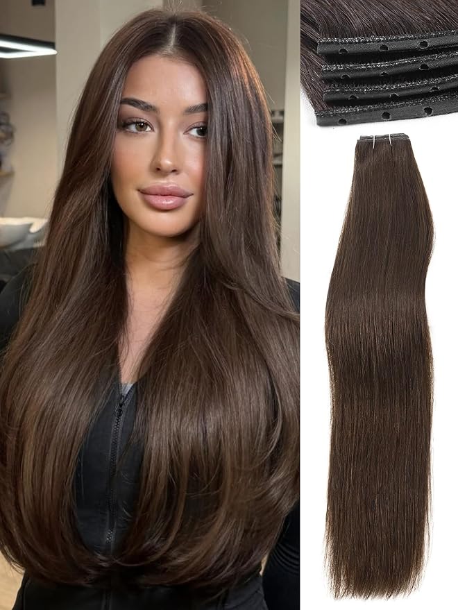 WIGNEE Double Invisible PU OVO Human Hair Extensions 100% Remy Hair Weft Brown Hair Extensions Human Hair 2 PCS 18 Inch No Glue Genius Micro Bead Real Human Hair Extensions (2)