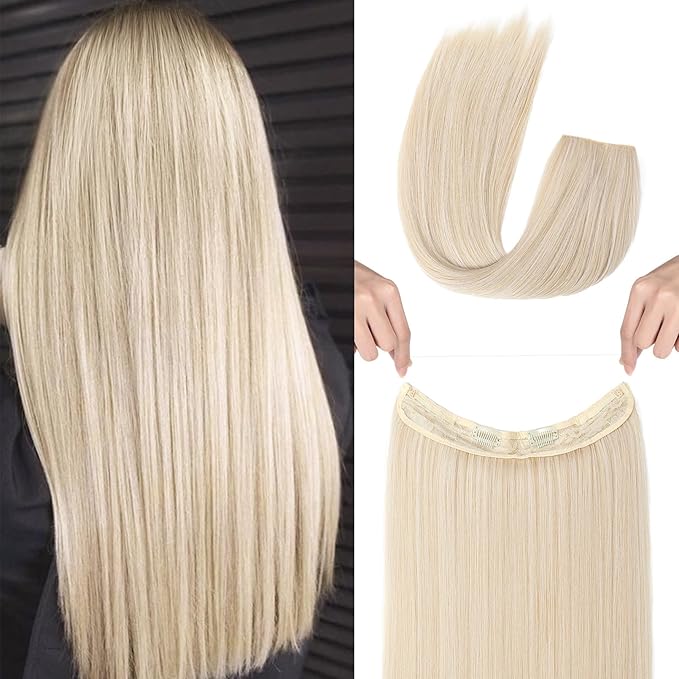 REECHO Invisible Wire Hair Extensions with Transparent Headband Adjustable Size Removable Secure Clips in Straight Secret Hairpiece for Women (24 Inch, Light Blonde)