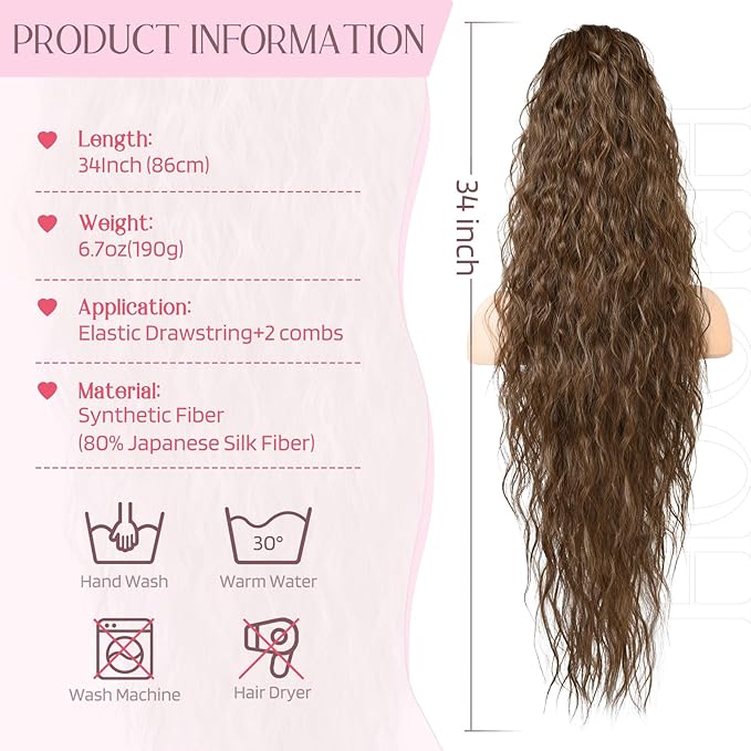 HOOJIH Ponytail Extension, 34 Inch Extra Long Drawstring Ponytail Clip in Pony Tails Hair Extension Flurry Wavy Ponytails Soft Upgraded Synthetic Fiber Fake Ponytail Hairpiece for Women - Mocha Melt