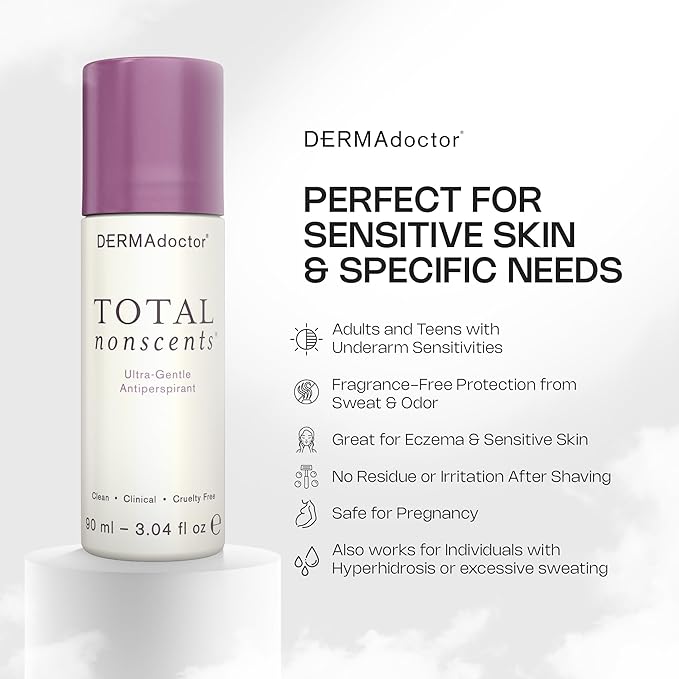 DERMAdoctor Antiperspirant for Women, Total NonScents Ultra-Gentle Unscented Antiperspirant for Sensitive Skin deodorant, Clinical Strength Deodorant For Women & Men; Hypoallergenic Roll On - 3.04 oz