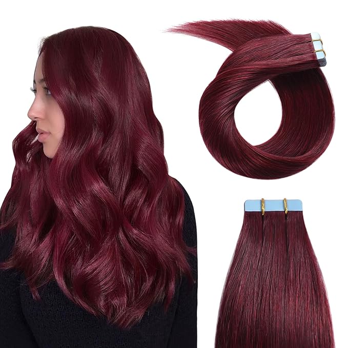 YILITE Burgundy Tape in Hair Extensions 14 Inch 40g 20Pcs #99J Dark Red Remy Human Hair Skin Weft (14 Inch 99J)