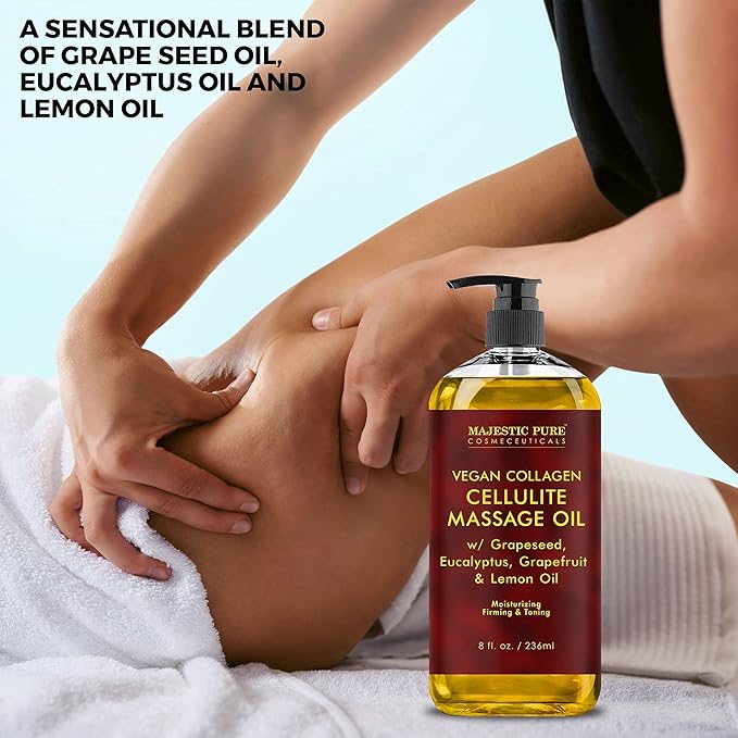 Majestic Pure Firming Body Massage Oil with Collagen – Helps Smooth The Appearance of Cellulite & Improve Skin Texture – Refreshing Aromatherapy Body Oil for Legs & Full Body – 8 Fl Oz Pack of 2