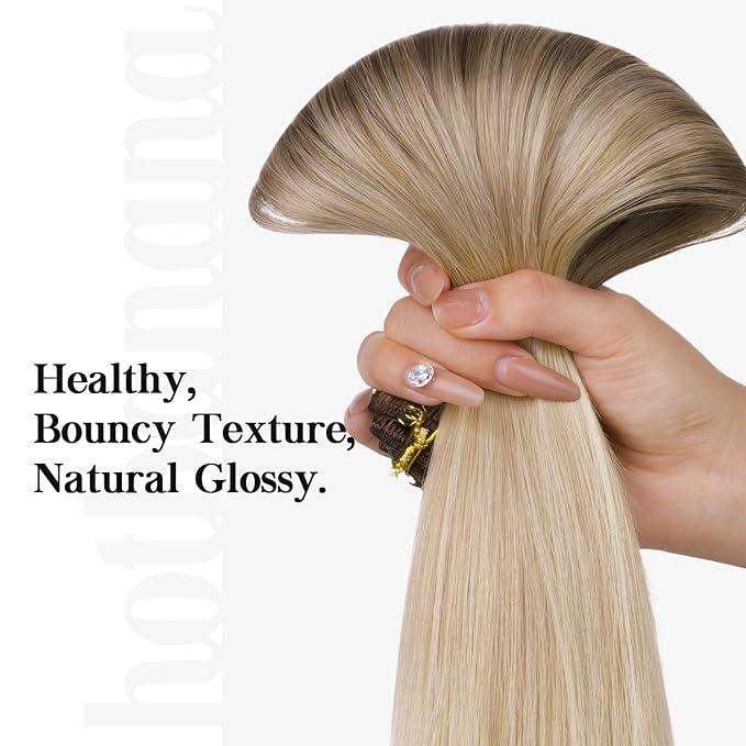 HOTBANANA Human Hair Clip in Hair Extensions, Balayage Caramel Blonde Hair Extensions 120g Real Human Hair Straight Remy Hair Clip Ins 18 Inch 7pcs