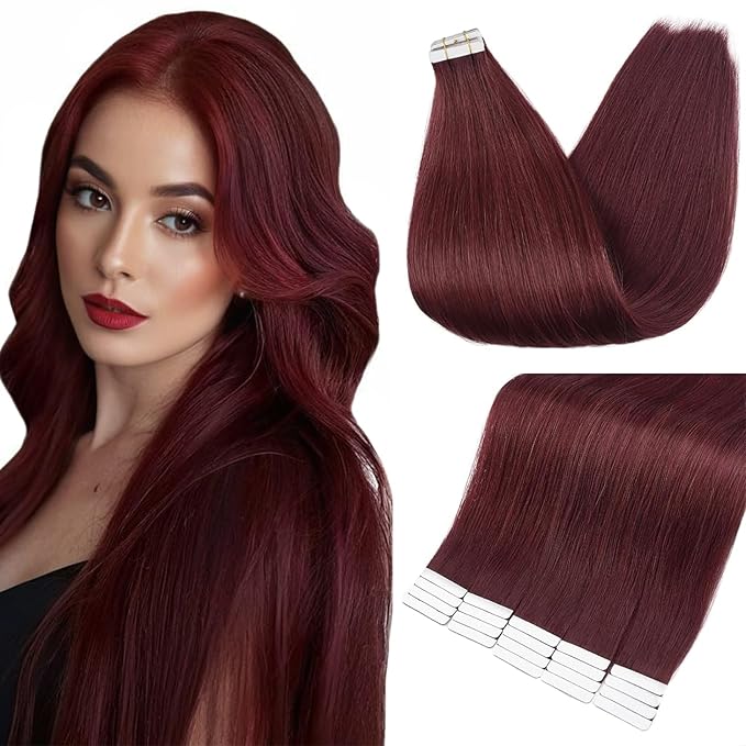 Full Shine Tape in Hair Extensions 16 Inch Color 99J Red Wine Straight Seamless Skin Weft Remy Tape Ins Human Hair Extensions 20PCS Invisible Natural Soft Extensions 50grams for Wedding