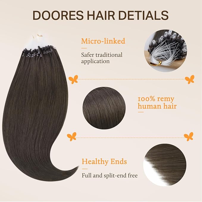 Doores Micro Bead Hair Extensions Real Human Hair, Mocha Brown 22 Inch 50g/50s, Microlink Hair Extensions Human Hair, Hair Extensions Real Human Hair