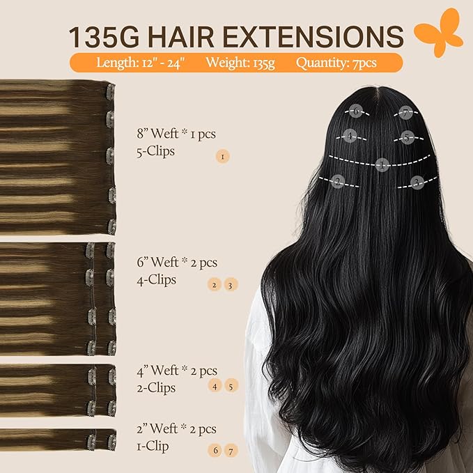DOORES Extensions Clip in Human Hair, Balayage Chocolate Brown to Caramel Blonde 135g 7pcs 16 Inch, Remy Human Hair Extensions Straight Thick Weft