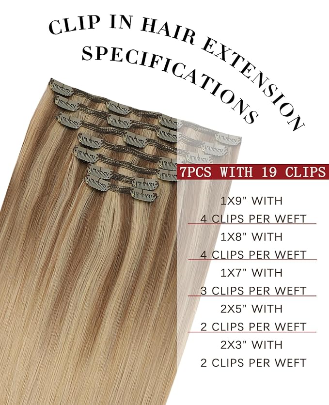 Clip in Hair Extensions Real Human Hair Remy Clip in Extensions 16 Inch 7pcs 140g Ash Brown to Caramel Blonde Hair Extensions (#10/27/27,16'')