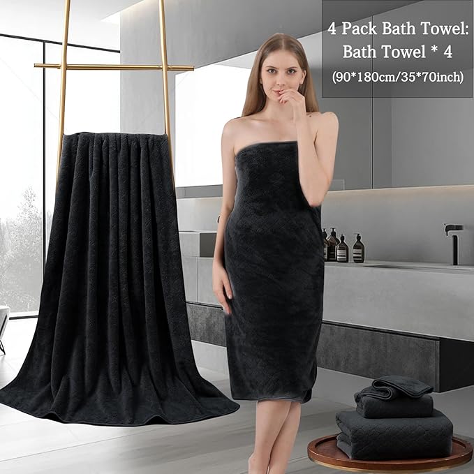 Ycosy Black Bath Towels Set 35x70 Inches - Luxury 600 GSM Oversized Bath Sheet Towel,Extra Large Microfiber - Quick Dry,Highly Absorbent,Super Soft Shower Towels Spa Hotel Bathroom Towel Set (4-Pack)