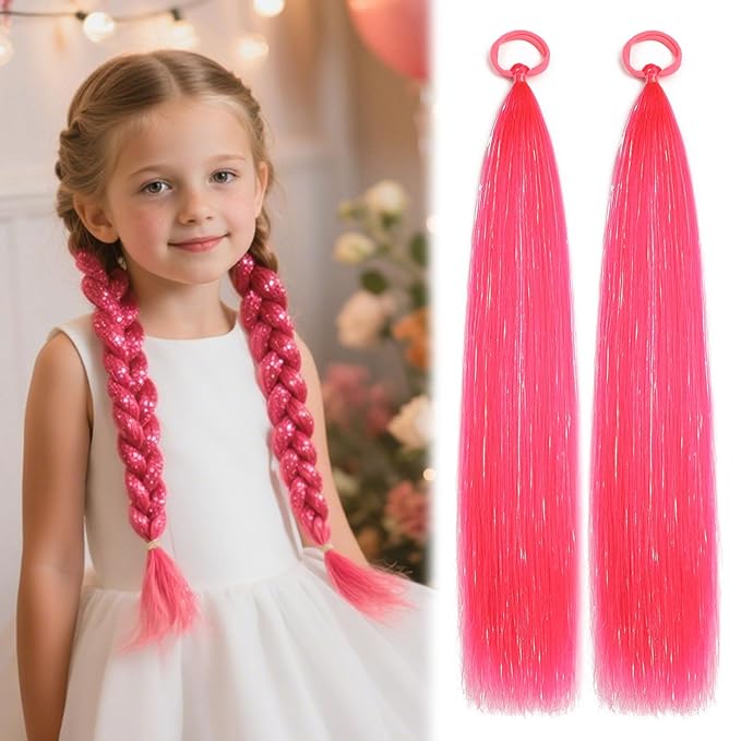 Colored Hair Extensions Hot Pink Ponytail Extension 2 Packs, 20 inch Crazy Hair Day Accessories for Women, DIY Festival Wacky Rave Braids,Tinsel Mixed