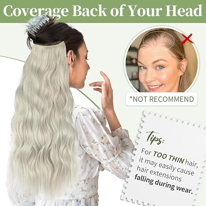 KooKaStyle Invisible Wire Hair Extensions with Transparent Wire Headband Adjustable Size 4 Secure Clips Silver Grey Blonde Long Wavy Hairpiece for Women