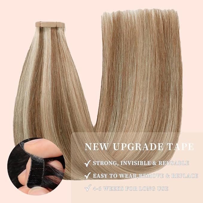 Tape in Extensions for Women 24 Inch Chestnut Brown to Blonde Highlight Real Hair Extensions for Thin Hair 20pcs Seamless Hair Extensions (P6/613#,24 Inch)