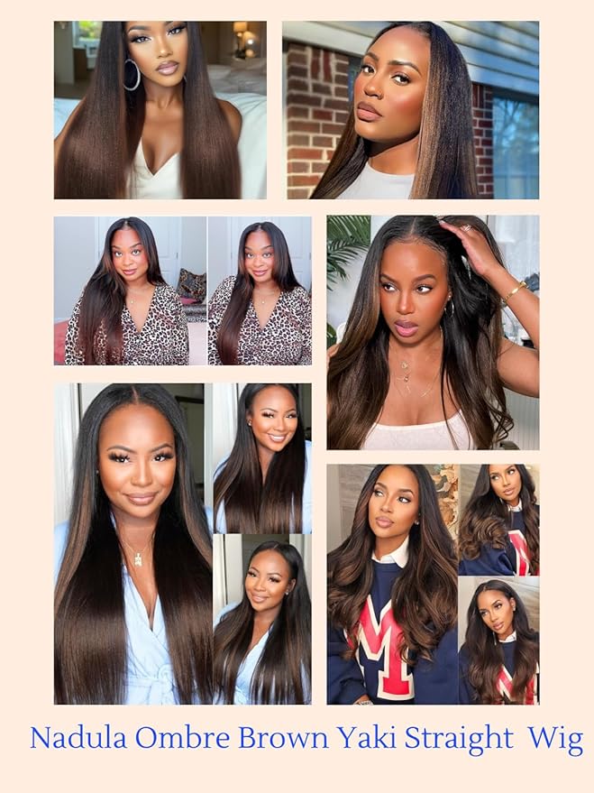 Nadula Chestnut Brown Ombre Yaki Straight Bye Bye Knots Glueless Wig Human Hair with Elastic Drawstring, Highlight Pre Cut 7x5 Invisible Knots HD Lace Front Wigs,Pre Everything Light Yaki Wig 18inch