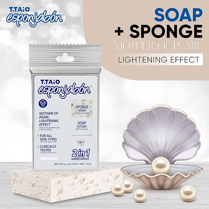 T.Taio Esponjabon Mother of Pearl Soap Sponge - Revitalizing Shower Scrubber for Bath Wash & Oil Removal - Bathroom Essentials with Fresh Scents - Pearl with Mini