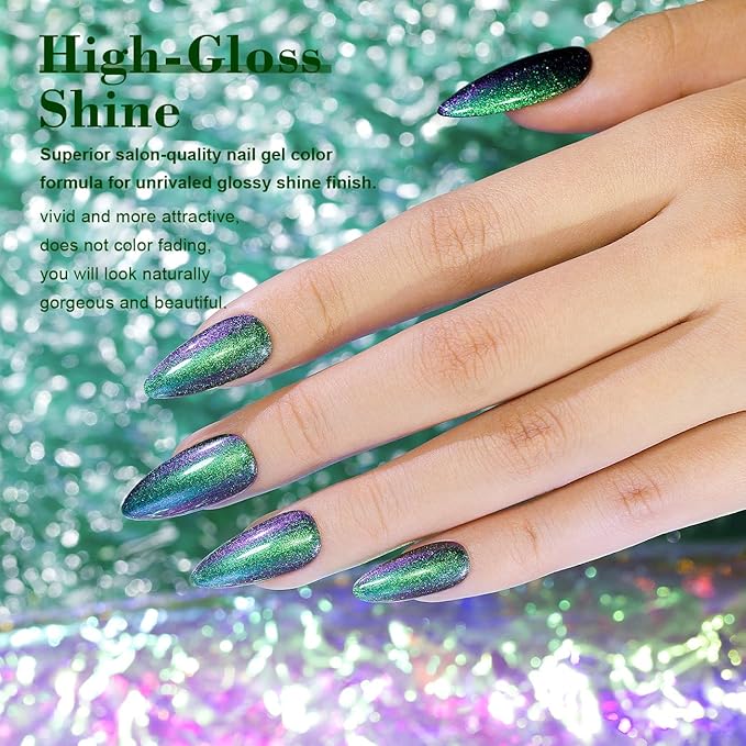 RARJSM Chameleon Multichrome Gel Nail Polish Mermaid Lake Green to Purple Color Changing Glitter Chrome Gel Polish Curing Requires Sparkle Shimmer Nail Gel Varnish Soak Off DIY at Home Salon 15ml