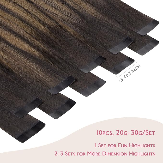 WENNALIFE Tape in Hair Extensions Human Hair Balayage Dark Brown Mixed Chestnut Brown Tape in Extensions, 10pcs 20g 12 inch Remy Invisible Tape Ins Straight Soft Real Human Hair Tape in Extensions