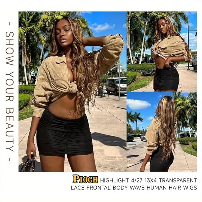 34 Inch Honey Blonde Ombre Lace Front Wig Human Hair Highlight Body Wave Lace Front Wigs Human Hair Pre Plucked 180 Density Glueless 13X4 HD Lace Frontal Wig for Women 4/27 Colored