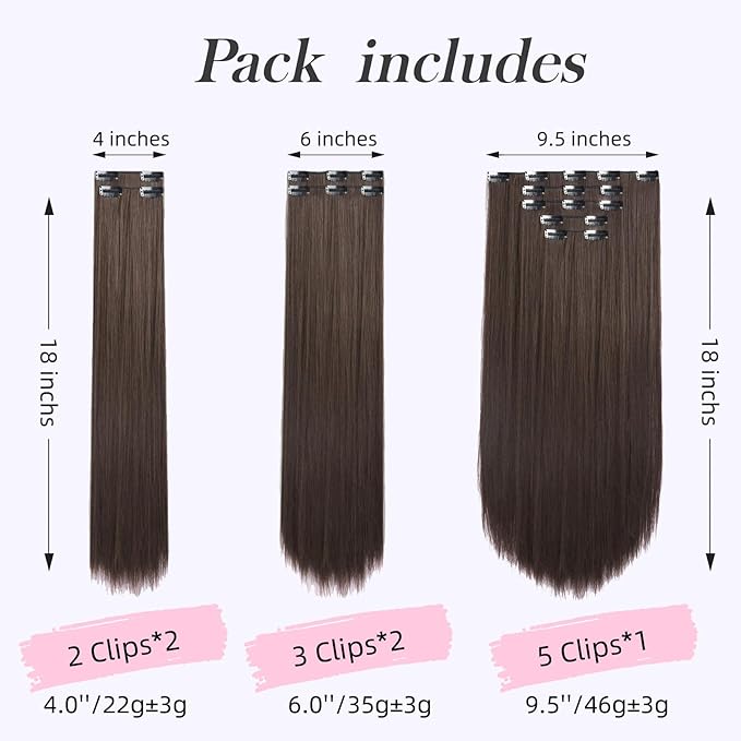 Dark Brown Clip in Extensions 18 Inch Invisible Long Synthetic Extension 5PCS Straight Fake Soft and Not Easily Knotted Clips on Hair Pieces for Women Grils Weddings Party Daily Use 6.5 Oz
