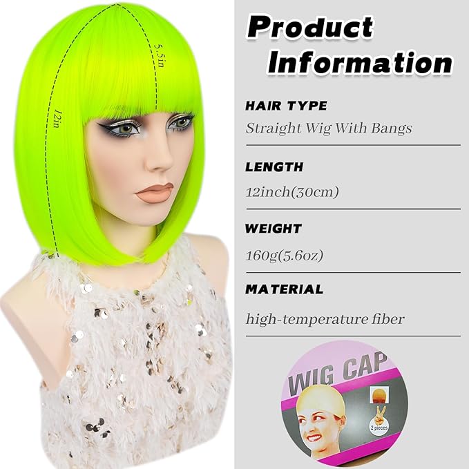 MAYSA Bob Wig with Bangs Green Wig 12inch Short Wigs for Women Synthetic Colorful Cosplay Party Wigs # Fluorescent Green