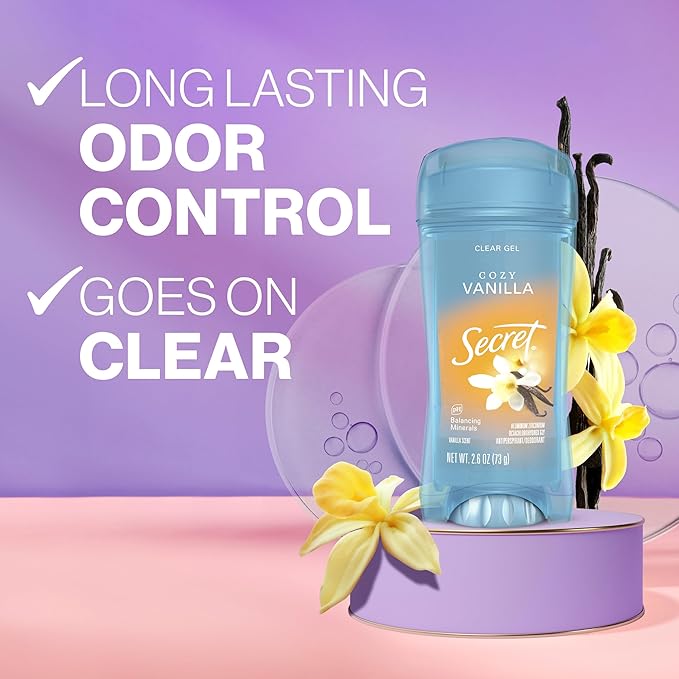 Secret Fresh Antiperspirant Deodorant for Women, 72hr Breathable Sweat & Odor Protection, Instant Freshness & Gentle, PH Balancing Minerals, Clear Gel, Cozy Vanilla Scent, 2.6 oz