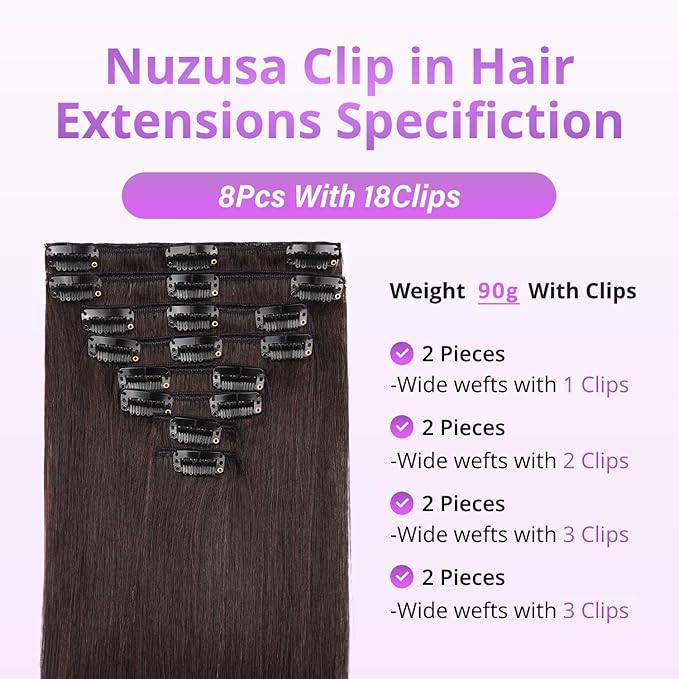 Clip in Hair Extensions Real Human Hair,100% Seamless Invisible Remy Human Hair Silky Straight,Clip Extensions for Women, 8pcs Per Set with Double Weft,2 Dark Brown,16inch 90g/3.2oz