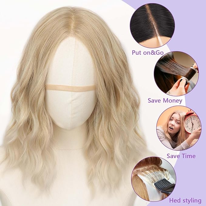 AISI HAIR 14 Inch Beach Gold Wigs for Women - Shoulder Length Wave Wig with Pre-Cut Lace Hairline, Middle Part Natural Wavy Bob Synthetic Heat Resistant Fiber for Daily and Party