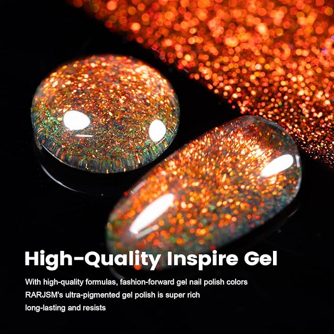 RARJSM Chameleon Gel Nail Polish Orange to Green Multichrome Big Flakes Color Changing Glitter Chrome GelPolish Curing Requires Sparkle Shimmer Nail Gel Varnish Soak Off DIY at Home Salon 15ml
