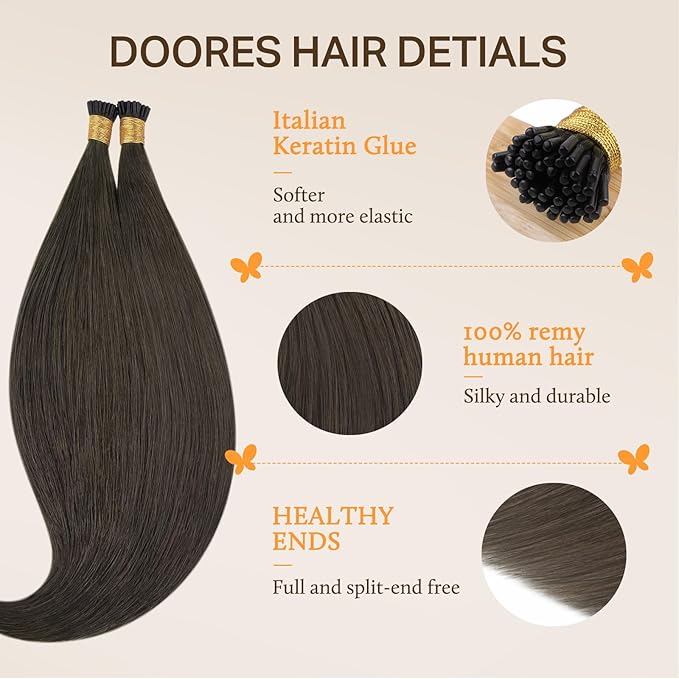 Doores I Tip Human Hair Extensions - Mocha Brown, 16 Inch, 100g/200s - Real Human Hair