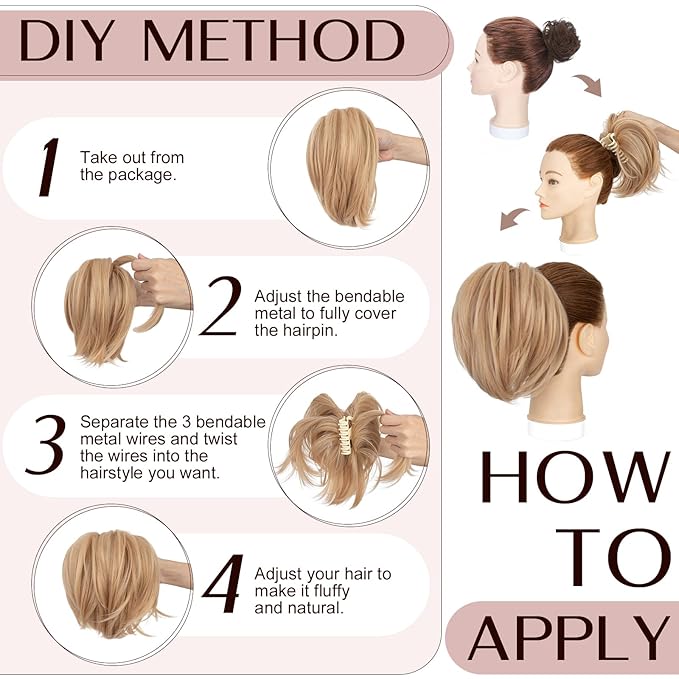 Claw Clip Short Ponytail Hair Extensions Messy Bun Hair Piece Pony Tails Hair Extensions with Bendable Metal Wire Hair Pieces DIY Style 8 Inch 24 Mousy blonde