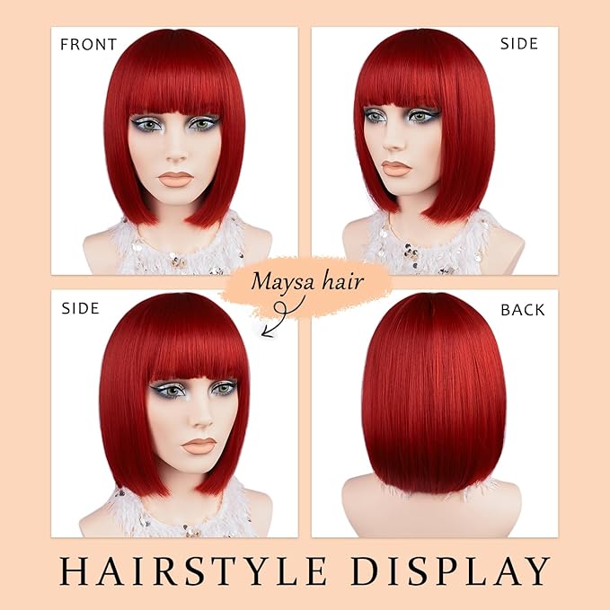 MAYSA Red Bob Wig with Bangs Short Straight Colorful Bob Wigs 12in Synthetic Cosplay Daily Party Neon Wigs for Women # Red