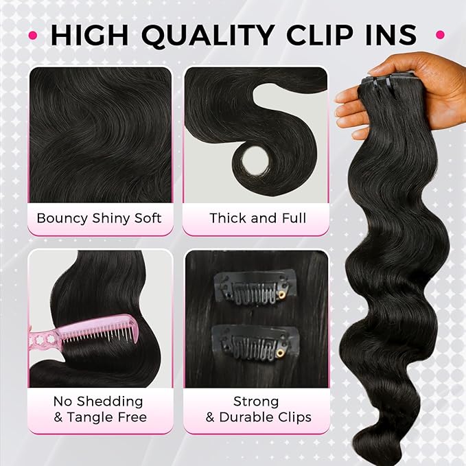 Lashey Invisi Edge Clip in Hair Extensions, 7pcs 110g 20 Inch Natural Black Seamless Clip in Hair Extensions Human Hair Body Wave Real Remy Human Hair