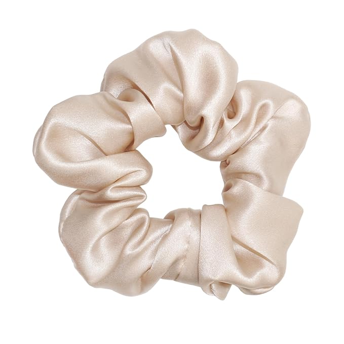 100% Mulberry Silk Scrunchies for Women and Girls,Pure Silk Hair Tie,No-Crease Ponytail Holder,Soft & Gentle on Hair,Elastic Band for All Hair Types,1 Pack,Champagne