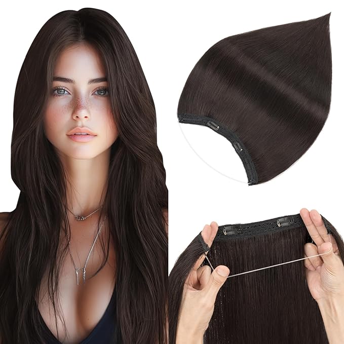 Halo Hair Extensions Real Human Hair,Halo Hair Extension 100% Human Hair,Wire Hair Extensions,Thicker 1B Natural Black 22inch/100g