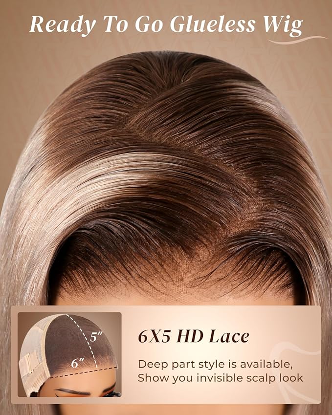 Arabella Ash Blonde Wig Human Hair 5x6 Glueless Wigs Human Hair Pre Plucked Pre Cut HD Lace Closure Wig 230% Density 20/ASH Blonde Ombre Lace Front Wig Straight Wig 18 Inch
