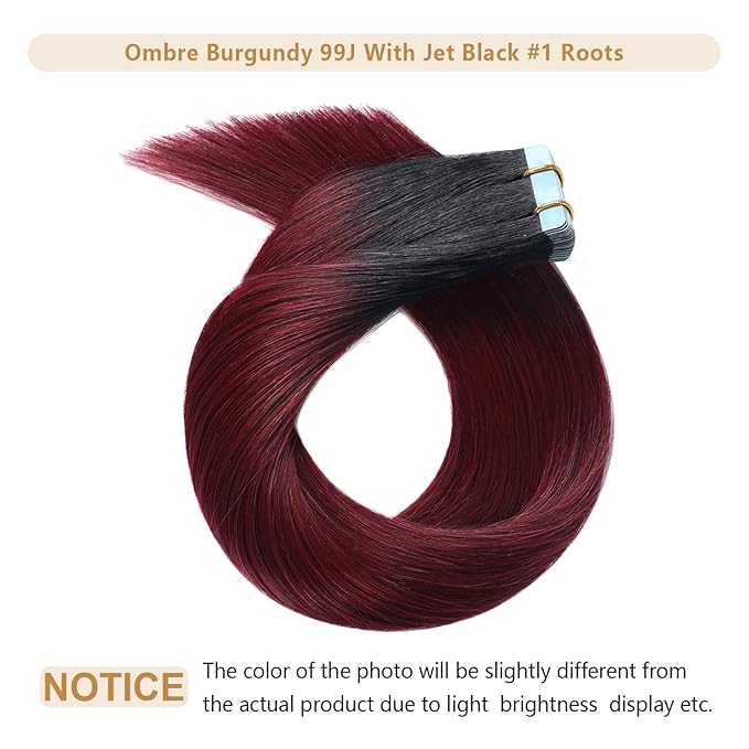 YILITE 18in T1/99J Ombre Tape-in Hair Extensions - Jet Black to Red, 20pcs 50g, Human Hair, Natural