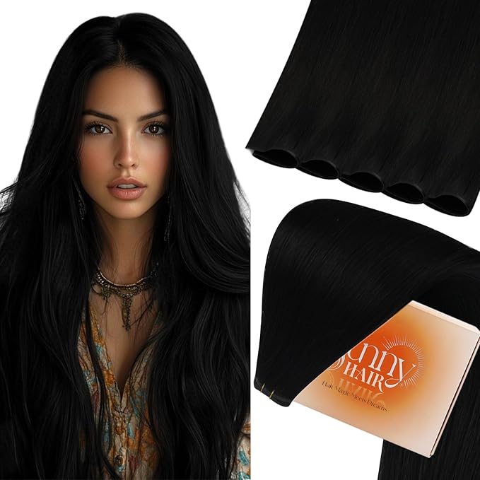 Sunny Hair Genius Weft Hair Extensions for Women Black Genius Sew in Hair Extensions Real Human Hair Jet Black Straight Remy Hair Wefts 18inch