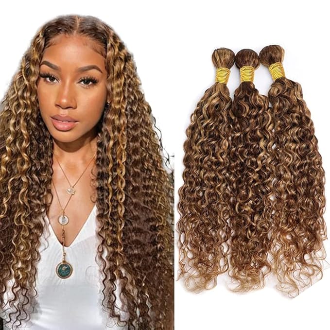 Honey Blonde Bundles Highlight Water Wave Bundle 26 28 30 Inch Brazilian Virgin Hair 3 Bundles P4/27 Wet and Wavy Bundle Hair Weave