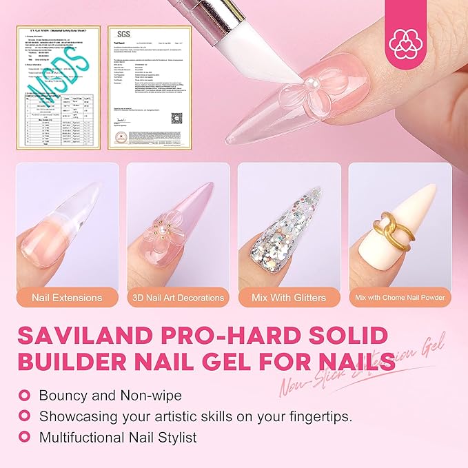 SAVILAND PRO-Hard Solid Builder Nail Gel for Nails: 2024 Ultra-Strength | Non-Sticky | Clear 3D Nail Gel with U V Lamp for 3D Nail Carving Emboss & Fast Extension Professional Use Salon