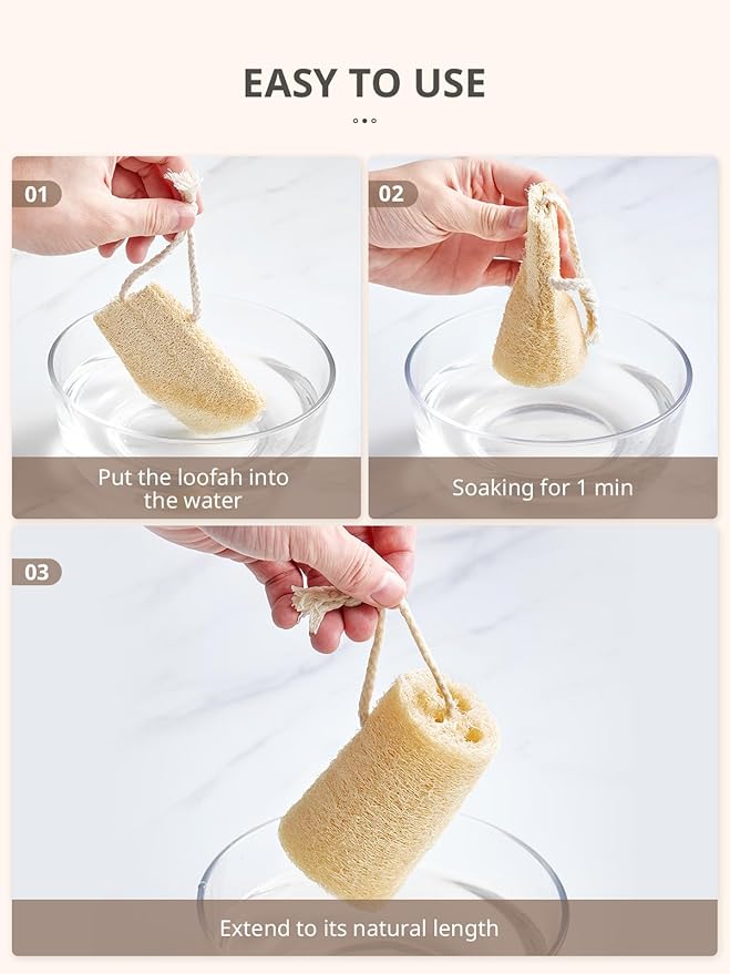 Reemix Natural Loofah Exfoliating Body Scrubber 4-Piece Long Cylinder Set - Large Home & Shower Sponge for Face & Body, Eco-Friendly Bath Tool for Gentle Exfoliation, Spa-Like Experience at Home