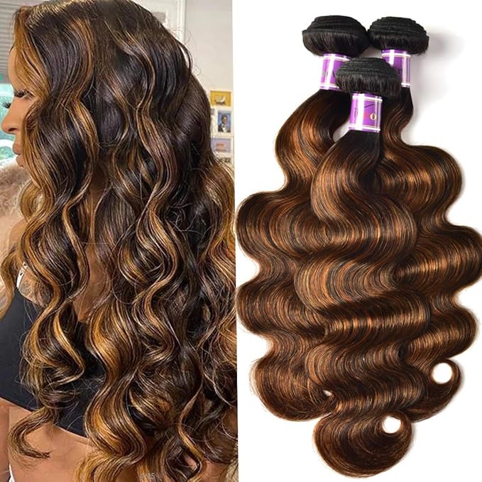 UNICE Brown Highlight Body Wave Human Hair Weave 3 Bundles 14 16 16 inches, Brazilian Remy Hair Ombre Blonde Human Hair Wavy Weaves Sew in FB30 Piano Color