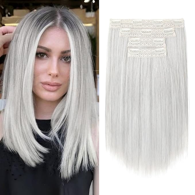 Hair Extensions, 14" Short Clip in Hair Extensions 4PCS Straight Natural Soft Synthetic Hairpiece for Women - Silver Grey