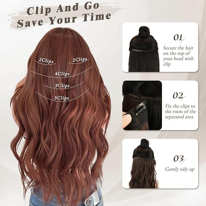 BARSDAR Chestnut Clip in Hair Extensions - 20 Inch Soft Wavy Clip in Hair Extensions for Women - 5PCs Thick Soft Synthetic Natural Looking Hairpieces Daily Party Halloween - Copper Chestnut