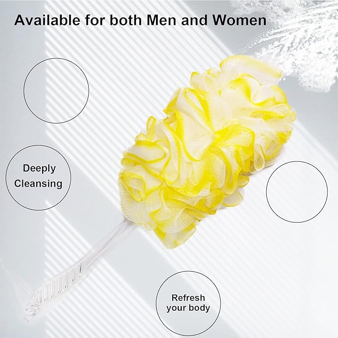 PPHAO Loofah on a Stick - Long Handle Bath Brush for Men & Women - Plastic Loofah - 2Pack - Yellow