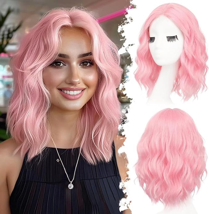 Light Pink Short Wavy Wig for Women Lace Hairline Bob Style Synthetic Heat Resistant - Natural Appearance for Everyday Hairstyle 14 Inch