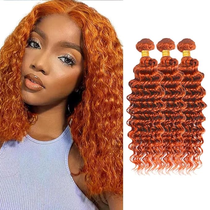 28 30 32 Inch Ginger Bundles Human Hair #350 Orange Deep Wave 3 Bundle Unprocessed Brazilian virgin hair Weave Extensions Double Weft 50 Grams/Bundle Colored Ginger Bundles for Woman