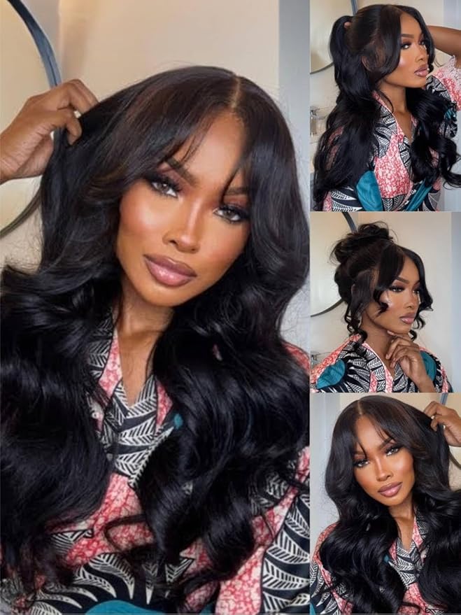 Fluffy Natural Bouncy Loose Wave Curtain Bangs Wig Glueless Wigs Human Hair Pre Plucked Pre Cut 13x6 PartingMax HD Lace Pre Everything Lace Front Wigs Human Hair for Women (Black Color, 28”)
