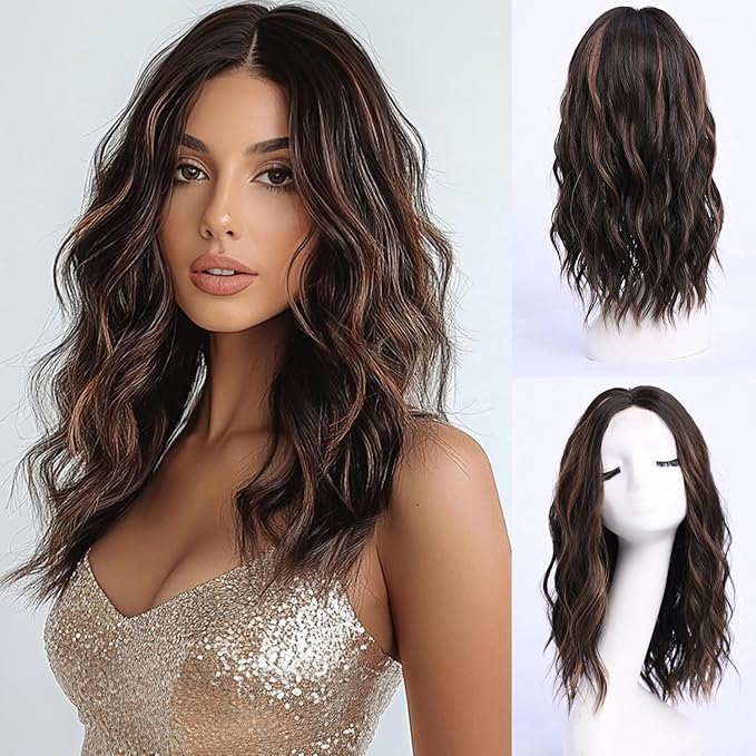 Dark Brown Wig with Highlight Medium Length Wigs for Women Middle Part Synthetic Hair Wigs Mixed Wavy Highlights Natural Hair for Daily Party Halloween Colourful Wig Highlighted（16 inch）