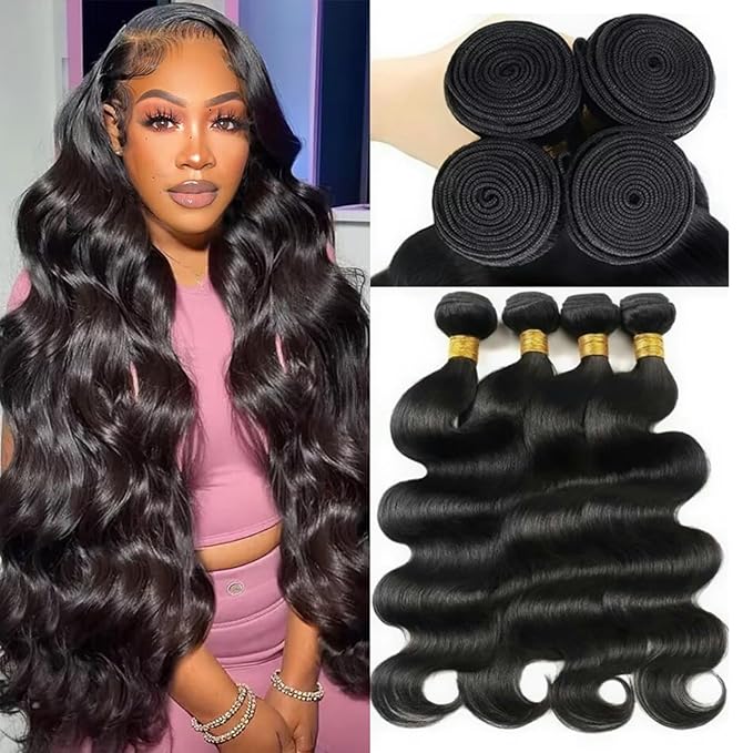 12A Human Hair Bundles Body Wave 4 Bundles Human Hair 20 22 24 26 Inch 100％ Unprocessed Brazilian Virgin Hair Quick Weave Wavy Human Hair Extensions for Women Natural Black
