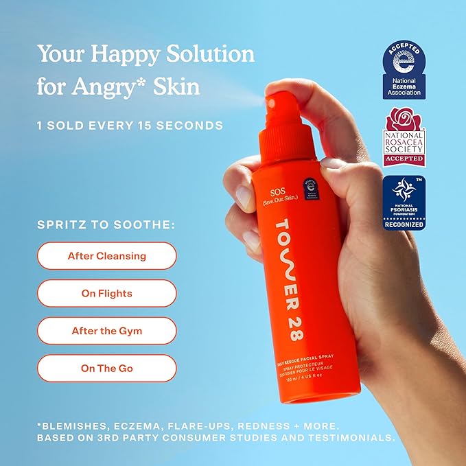 Tower 28 SOS Daily Rescue Facial Spray for Sensitive Skin, Hypochlorous Acid Spray Helps Visibly Reduce the Appearance of Redness and Breakouts, Travel Size Toner for Face, 1 FL Oz