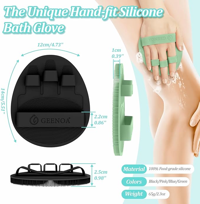 Soft Silicone Bath Gloves 2PC, 360° Anti-Slip & Enlarged Silicone Body Scrubber for Rich Foaming Deep Cleaning, Revolutionary No-Grip & Hand-fit Shower Scrubber for All Skin Types(Black+Green)